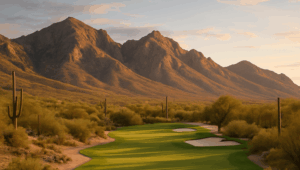A golf course in Arizona with mountains in the background.