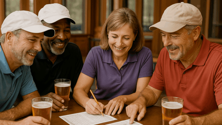 Four golfers, having played a golf betting game, tally their scores.