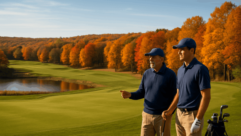 Two golfers looking over a course in fall.
