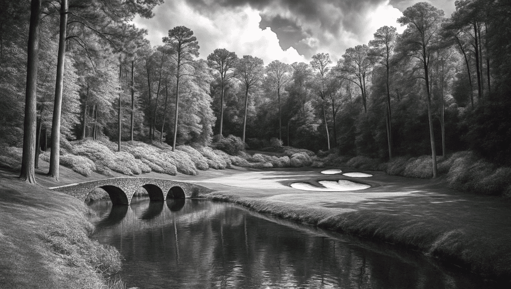 A rendering of the 12th hole at Augusta National in black and white.