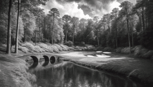 A rendering of the 12th hole at Augusta National in black and white.